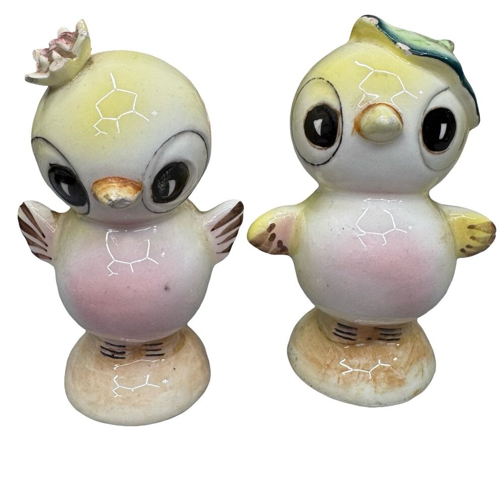 Vtg 60s Sonsco Japan Anthropomorphic Chick Salt Pepper Set Big Eye Chickens READ